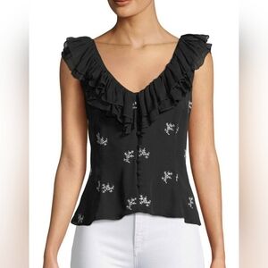 Cinq a Sept Embroidered Gia Ruffle Neckline Short Sleeve Silk Top